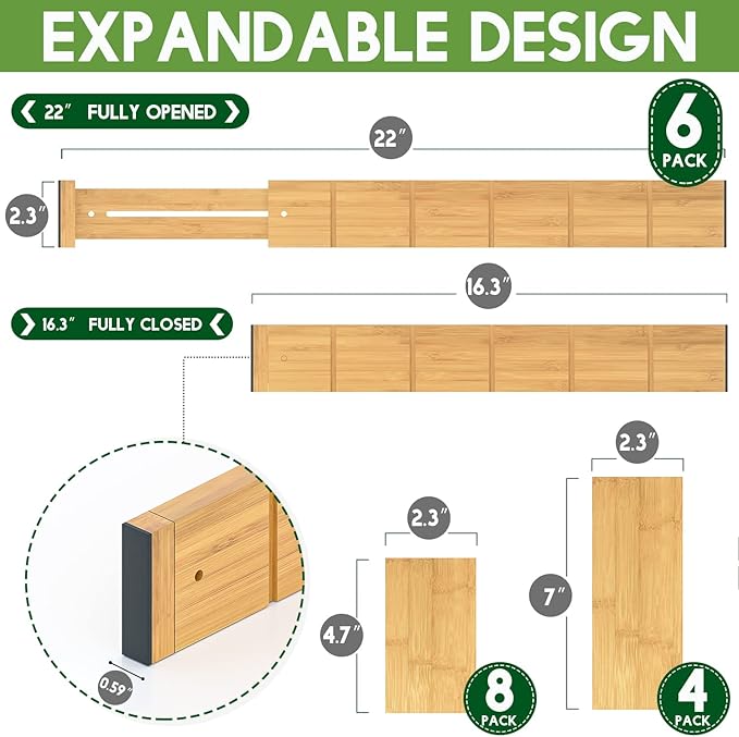 Bamboo Drawer Dividers with 12 Inserts, 16.3-22inches, Expandable Organizer, Adjustable Separators for Bedroom, Bathroom, Dresser 6 Pack