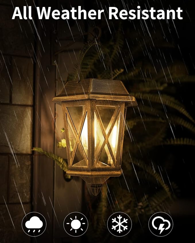 Solar Lantern Outdoor Waterproof, Metal Solar Lights Outdoor with Clear Glass, LED Solar Powered Lights Wall Mount for Yard Garden Wall Outdoor, Bronze - 2 Pack