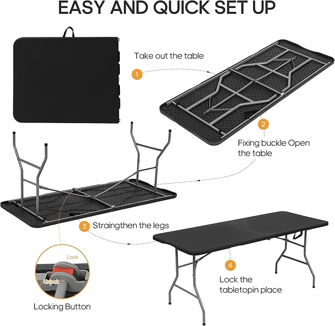 6ft Folding Table Heavy Duty 350 LBS 6 Foot Fold in Half Table with 18% Thicker HDPE Waterproof Top & Reinforced Steel Frame, Portable Foldable Table for Outdoor Indoor Party Wedding Camping
