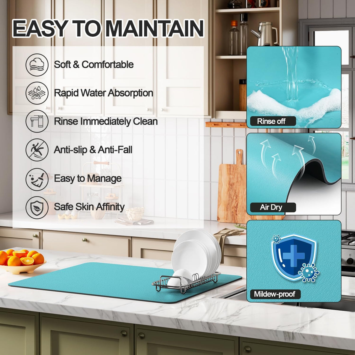 Dish Drying Mat for Kitchen Counter | Coffee Bar Mat for Countertops | Heat Resistant Drainer Mat with Non-slip Rubber Backed | Hide Stain Kitchen Absorbent Draining Mat | Turquoise 18"x28"