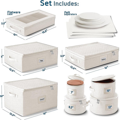 Fine China Storage Containers, 8 Piece Quilted Dish Storage Containers for Flatware & Utensil, Mug, Platter and Wine Glass with Felt Dividers, Durable Dinnerware Dish Organizers for Moving, Cream