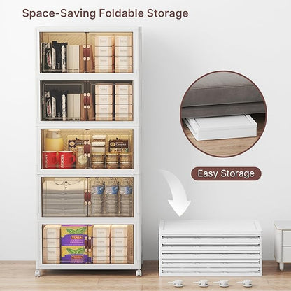 UAMFURI Stackable Storage Bins with Lids, 240QT Closet Organizers, Lockable Storage Cabinet, Foldable Storage Box with Doors and Wheels, Plastic Drawers for Home, Garage, Office (5, White, Medium)