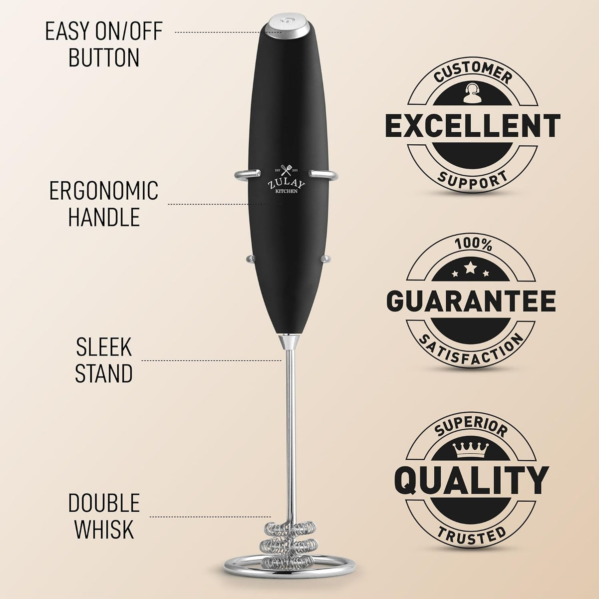 Zulay Kitchen Patented Tornado Triple Whisk Milk Frother with 4 Duracell Batteries – Handheld Foam Maker for Coffee, Lattes, Matcha & Hot Chocolate – Rich, Creamy Froth in Seconds