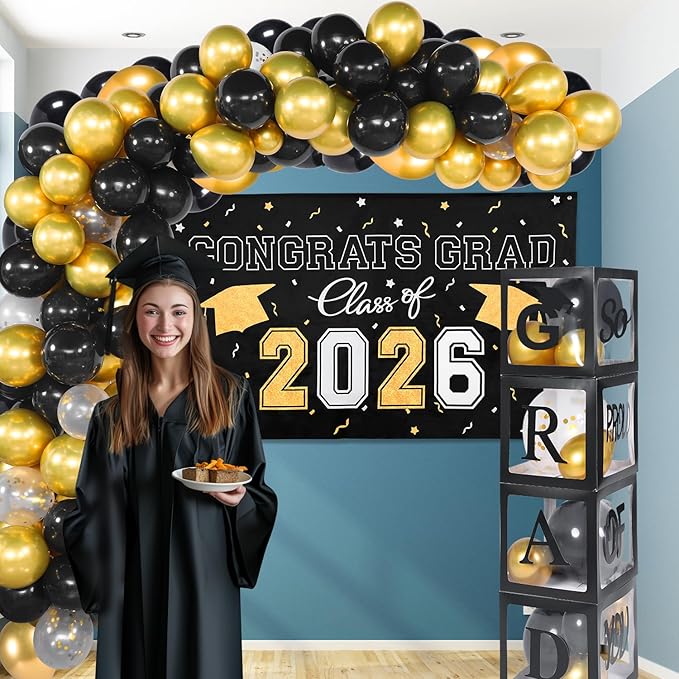 Picoway Graduation Decorations Class of 2026 ,Black and Gold Graduation Party Decorations include 4 Pcs Balloons Boxes with Letters, 110 Pcs Balloon Arch Kit and Banner backdrop for Party Favors Decor