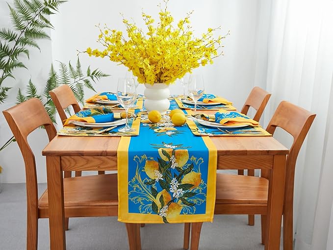 YiHomer Provence Blue Lemon Mediterranean Tile Tabletop for Spring Summer Decorations, Picnics and Dinner Parties - Indoor Outdoor, Stain and Water Resistant, Table Runner, 14 x 108