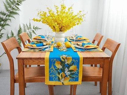 YiHomer Provence Blue Lemon Mediterranean Tile Tabletop for Spring Summer Decorations, Picnics and Dinner Parties - Indoor Outdoor, Stain and Water Resistant, Table Runner, 14 x 72