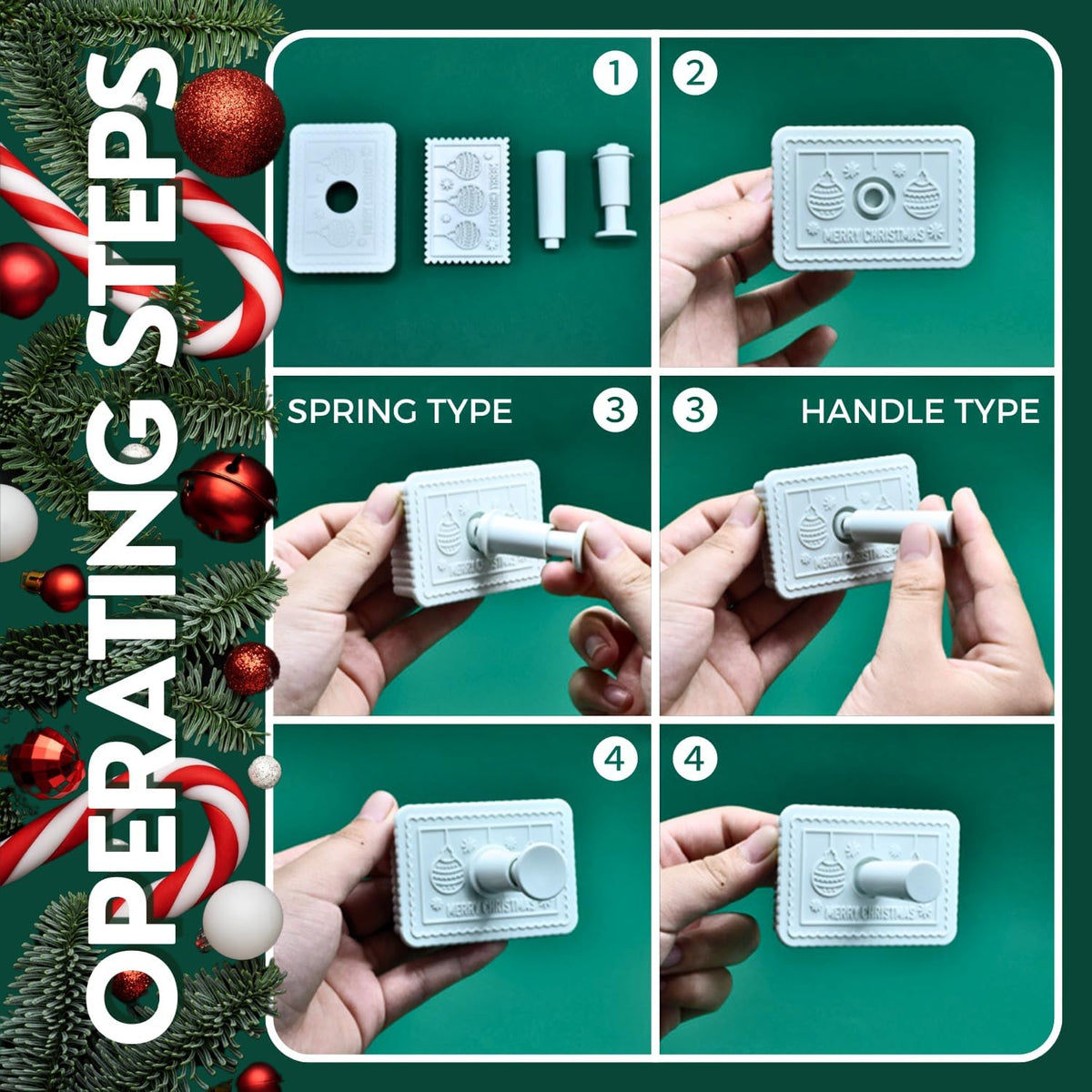 Christmas Cookie Cutters, 4-Piece 3D Merry Christmas Plastic Cookie Stamp Set, Comes with Merry Christmas in English