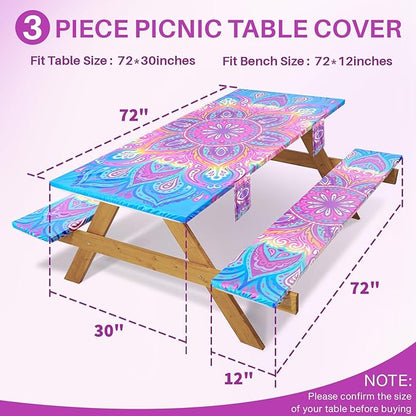 3 Piece Picnic Table Cover with Bench Covers 72x30In Fitted Elastic Heavy Duty Camping Table Cloths Camp Motorhome Gear Garden Festival Stuff Road Trip Outdoors Must Haves Gifts for Mom Dad
