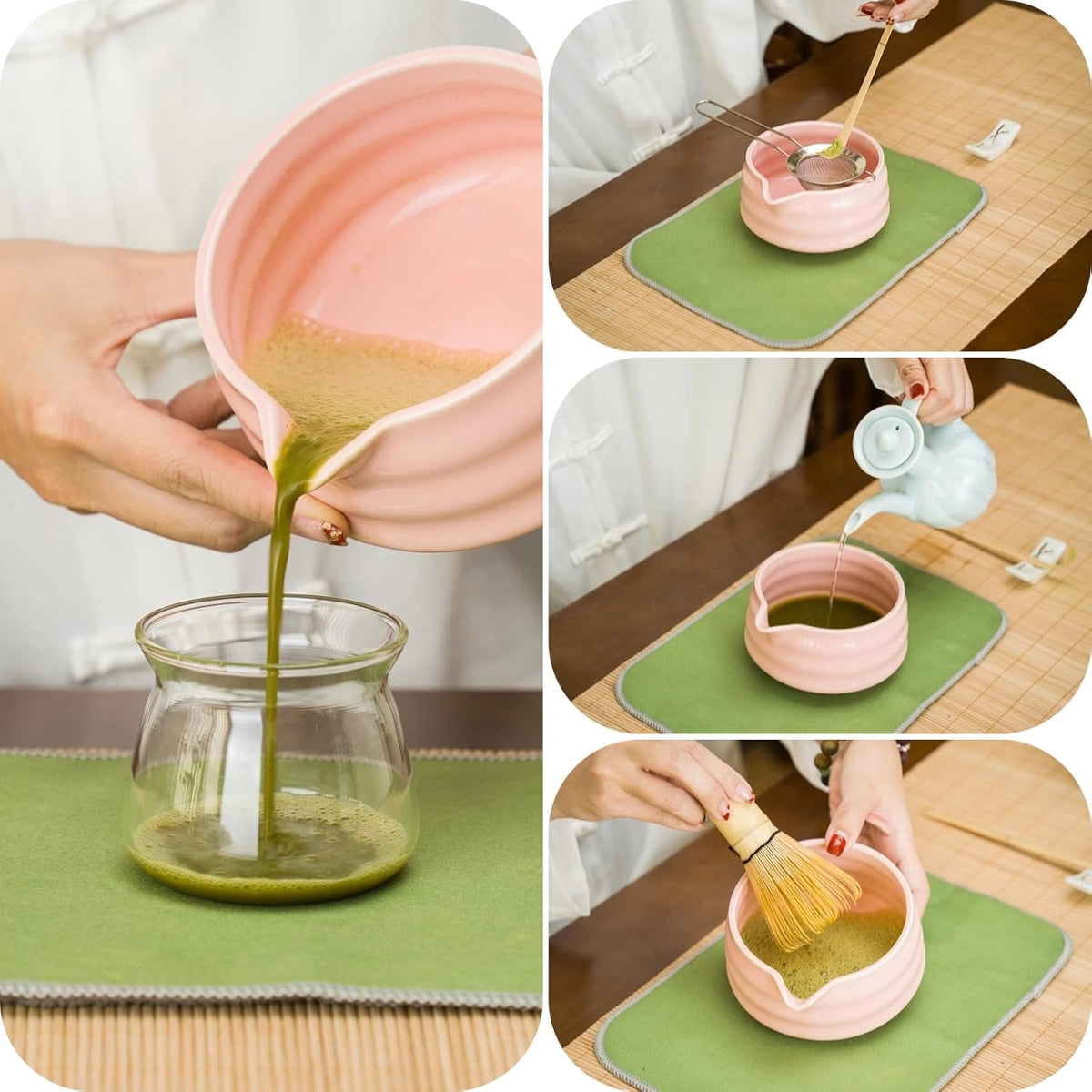Matcha whisk Set,7 Pcs Matcha Making Kit with whisk Whisk, Ceramic Bowl, Sifter, Scoop, Holder, Stand