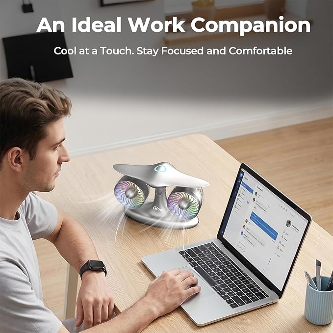 Portable Desk Fan, 8000mAh Battery Powered Small Quiet Table Fan for Bedroom Office, Aviation Style Turbine Personal Fan with LED Light, Retro Cordless Cooling Fan for Home, Travel & Sleeping