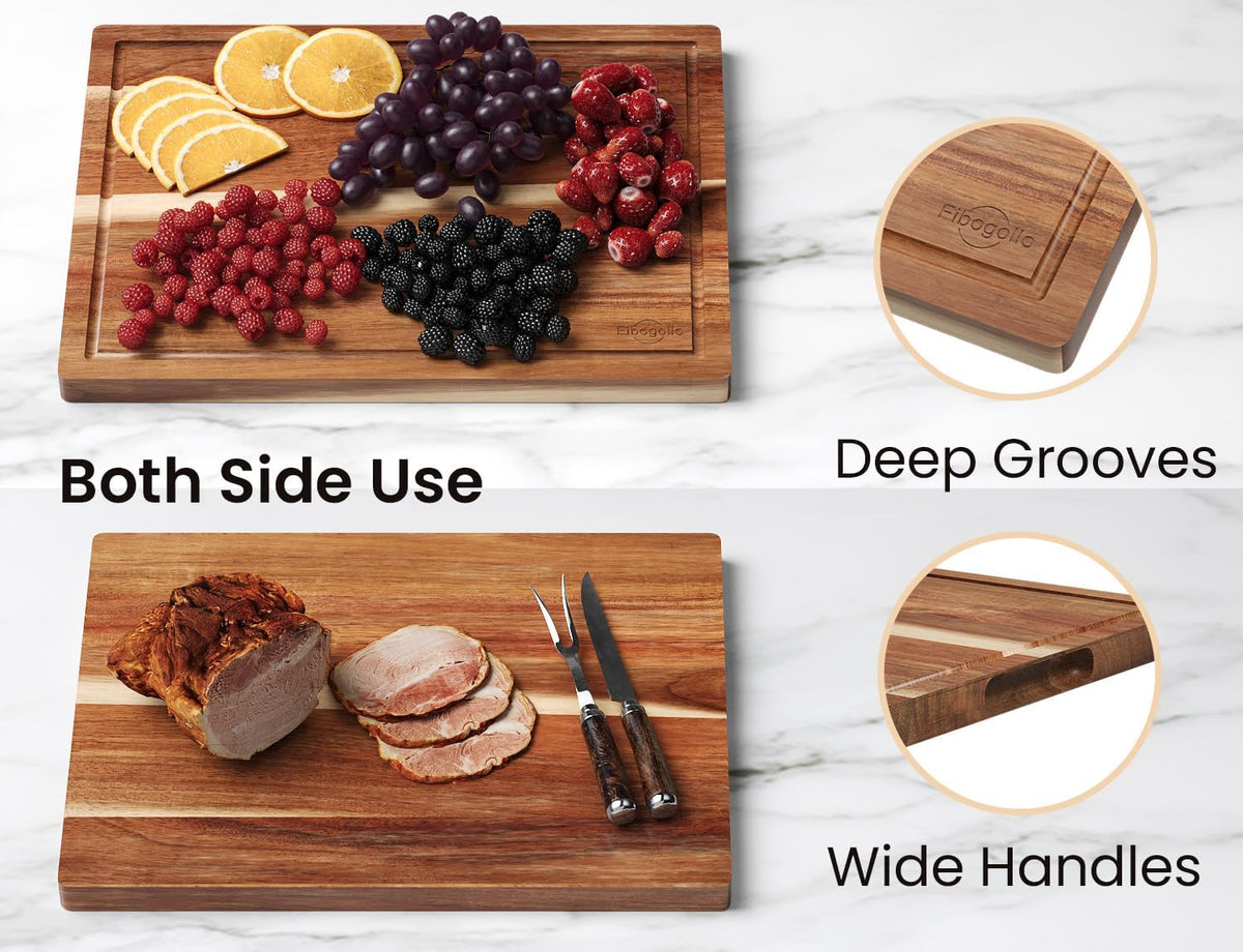 Acacia Wood Cutting Boards for Kitchen(Set of 3),Wooden Chopping Boards Set with Juice Groove, Large Serving Board with Holder,Butcher Block for Meat