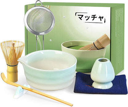 Matcha Whisk Set, 7 Pcs Ceramic Matcha Kit, Matcha Bowl with Spout, Matcha Whisk, Holder, Stainless Sifter, Bamboo Scoop and Tea Towel