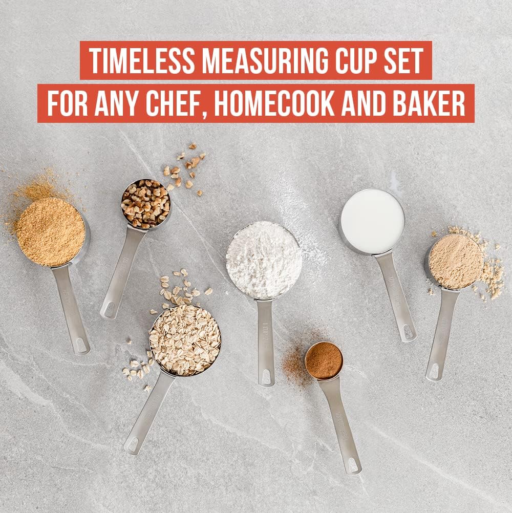 Chef Pomodoro Stainless Steel Measuring Cup Set, Nested and Stackable with 7 Pieces, Sturdy Extra-long Handles with Lasered Markings and Sorting Ring