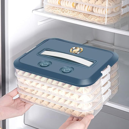 Food Storage Containers with Lids, Plastic Cookie Storage Containers Airtight, 4-Layer Stackable Food Containers Dumpling Storage Box, Blue