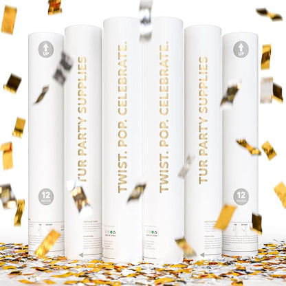 Gold & Silver Confetti Poppers Confetti Cannon | 6 Pack | Party Poppers Decoration for Wedding, Engagement, Graduation, Birthday | Wedding Party Favors | Launches 25 ft | 12 inch | TUR Party Supplies