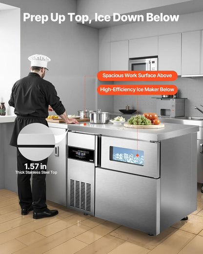 VEVOR Commercial Ice Maker Machine, 220 lbs/24H Stainless Steel Ice Machine with Worktop, 66 lbs Ice Storage Bin & Touch Screen, Self-Cleaning Freestanding Ice Making for Home Bar Restaurant Kitchen