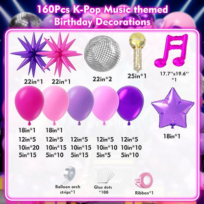 K-Pop Music themed Birthday Decorations 160Pcs, Hot Pink Metallic Purple Balloon Garland Arch Kit with Disco Notes Star Foil Balloons for Girls Fans Birthday Grad Prom Princess Party Decor