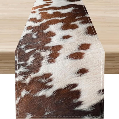 Cow Print Table Runner, Brown Cowhide Print Western Style Table Runner Country Farmhouse Cottage Cow Pattern Linen Table Decoration for Home Kitchen Dining 13x108