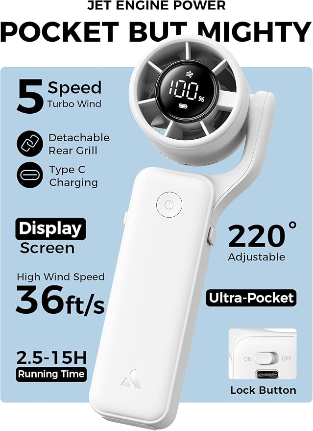 Aecooly Ultra-Pocket Portable Handheld Turbo Fan, 5 Gear Jet Force Airflow, Up to 15 Working Hours, USB Rechargeable Personal Battery Operated Mini Fan, for Travel/Outdoor/Vacation/Concerts -White