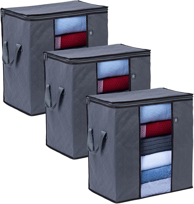 VENO 3 Pack Clothes Storage Bag Organizer with Reinforced Handle Thick Fabric for Comforters, Blankets, Bedding, Foldable with Sturdy Zipper, Clear Window, Reusable (Tall 16.3 Gallon)