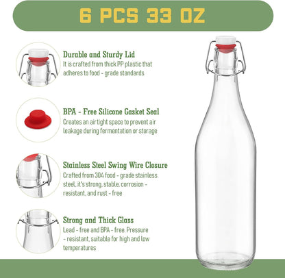 6 Pack [1 Liter / 33 fl. oz.] Swing Top Glass Bottles – Airtight Flip Top Brewing Bottles for Kombucha, Beer, Wine, Kefir, Soda, Liquor – Includes Funnel, 2 Pourers, 6 Seals, 8 Labels & Jute Twine