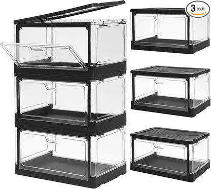 HYBRIDEAS 3-Pack Clear Stackable Storage Bins with Lids Magnetic Doors Open Front Foldable Folding Plastic Craft Containers Large Closet Organizers Box for Bedrooms Living Rooms Study 24 QT