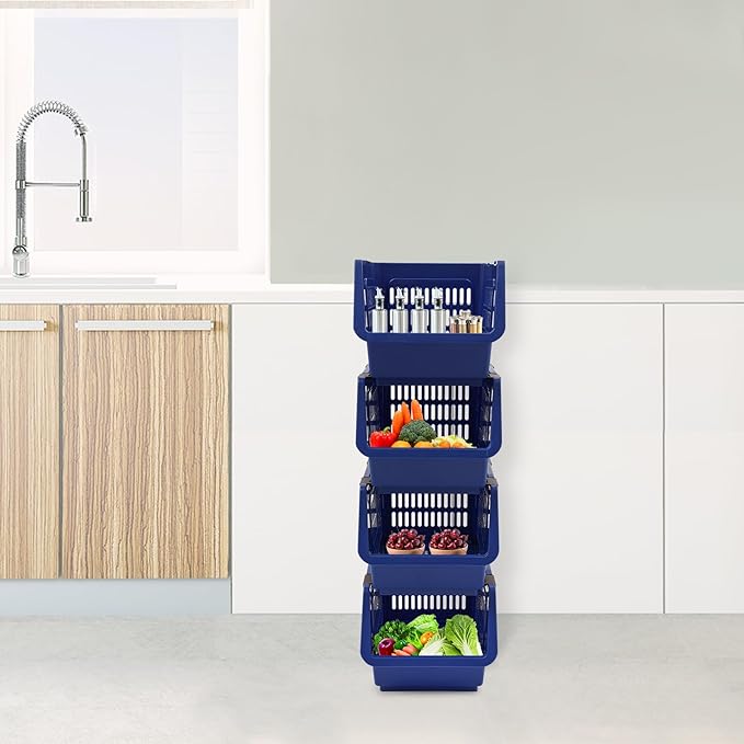 4-Pack Stackable Storage Baskets with 2 Wheels, Large Capacity 38.58 lbs Stackable Storage Bins Open Front, Space Saving Home Organization for Kitchen Bedroom Office (Blue, 9.5*13.4*29.9 in)