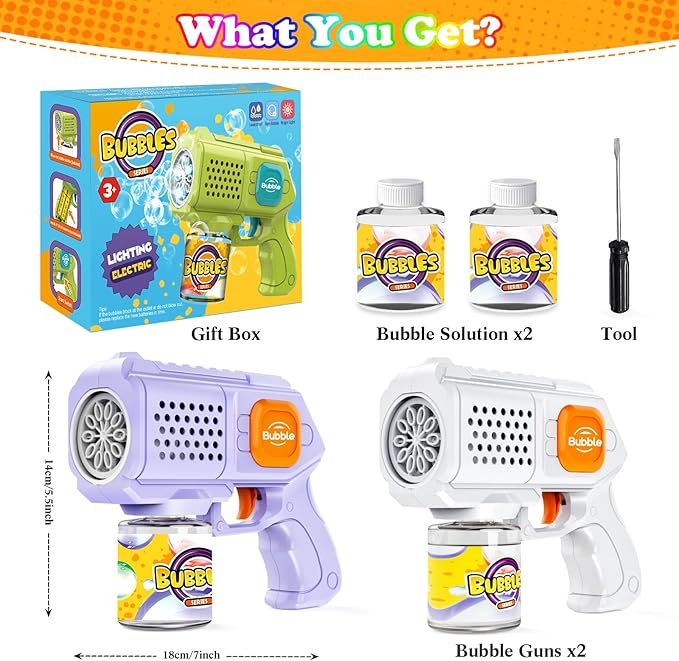 Panamalar 2 Packs Bubble Guns for Kids, Automatic Bubble Machine Gun 10000+ Bubbles/Min, 10 Holes Bubble Maker Toys with Solution/Light for Boys Girls Outdoor Wedding Party, Purple+White