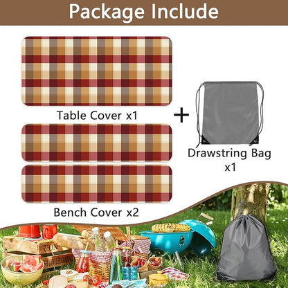 Checkered Style Picnic Table Cover with Bench Covers, Camping Essentials, Plaid Waterproof Windproof, Fitted Tablecloth Cover with Elastic Edge, for Indoor, Outdoor, 3 PCS, 30x72 Inch