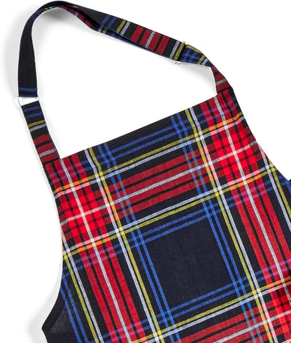 Solino Home Linen Bib Apron for Men & Women - Black Plaid Kitchen Apron with Front Pockets - Handcrafted from European Flax