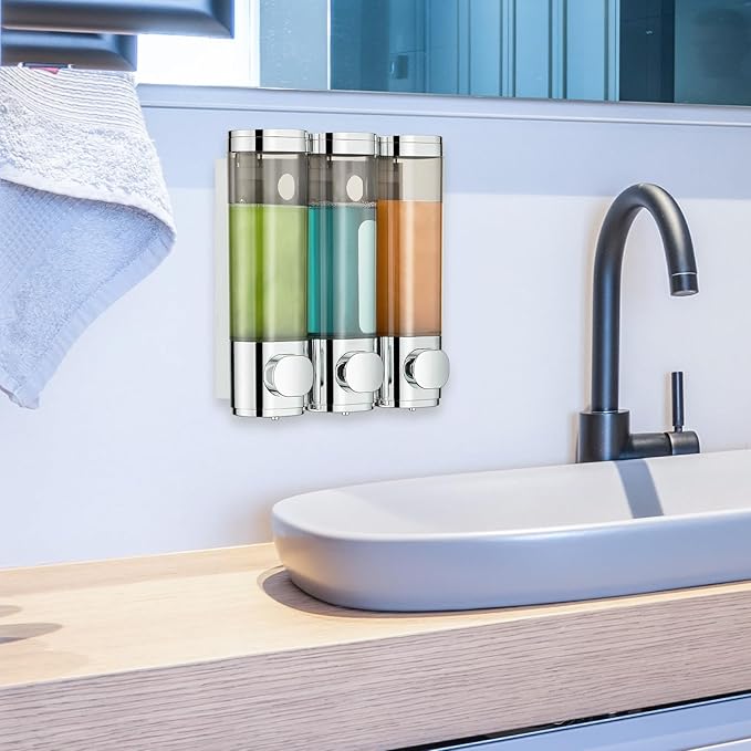 Pollock Shower Shampoo and Conditioner Dispenser, 3 Chamber No Drill Body Wash Dispenser for Bathroom, Large