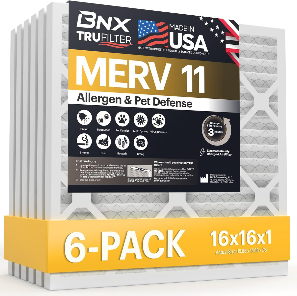 BNX TruFilter 16x16x1 Air Filter MERV 11 (6-Pack) - MADE IN USA - Allergen Defense Electrostatic Pleated Air Conditioner HVAC AC Furnace Filters for Allergies, Dust, Pet, Smoke, Allergy MPR 1200 FPR 7