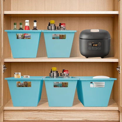 4PC Plastic Stackable Storage Basket - Large Basket Organizer with Handle for Kitchen ,Offices ,Shelving, Pantry,Cabinet and Bathrooms Open Storage Bin for Space Optimization Portability-Blue