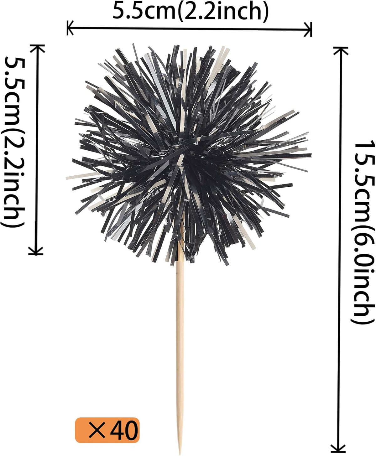 40 PCS Black Foil Firework Cupcake Toppers Sparkle Tinsel Cupcakae Picks Sparkler Fireworks Party Decorations Cocktail Fruit Toothpick for Birthday