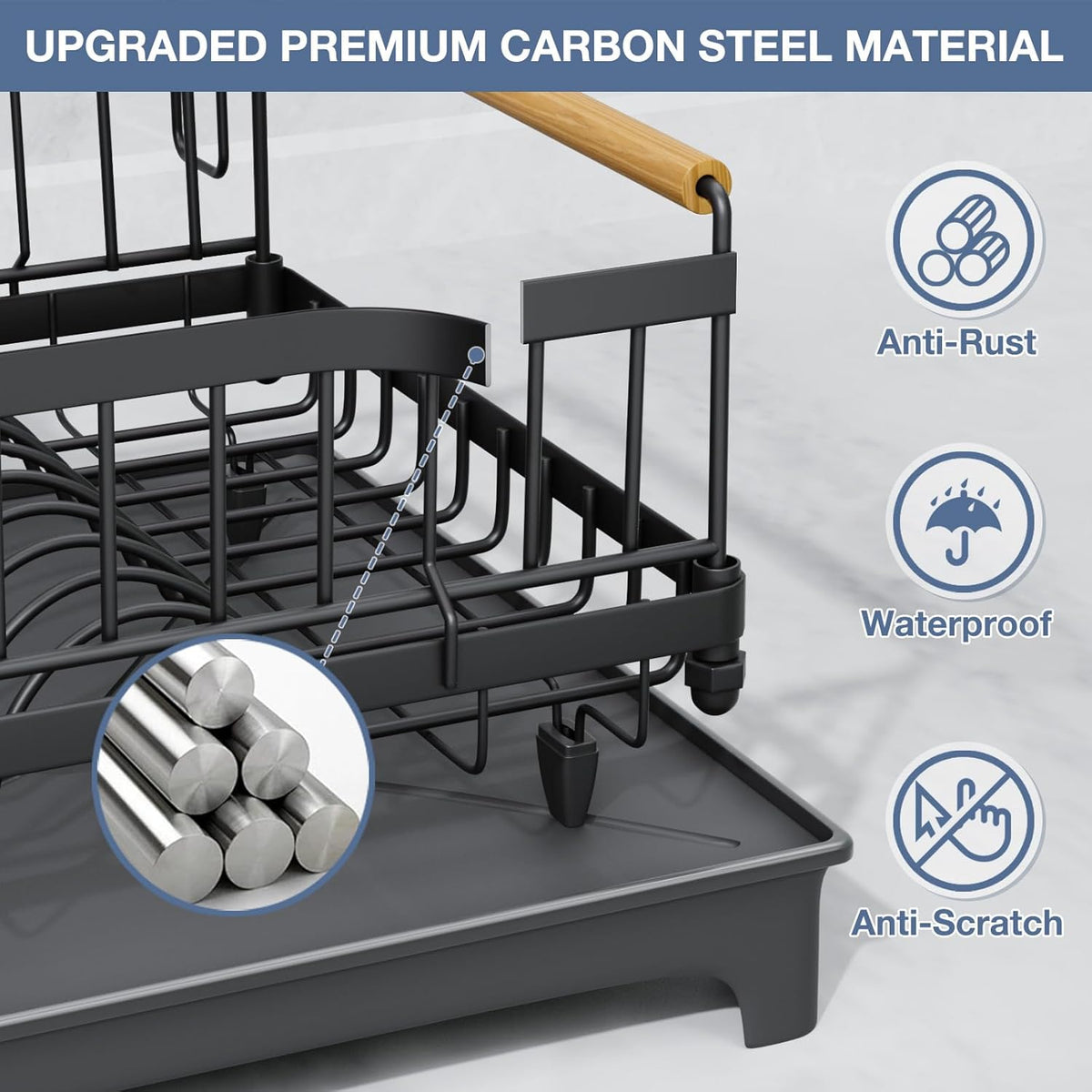 Dish Drying Rack with Drainboard, Rustproof Dish Rack for Kitchen Counter, Large-Capacity Dish Drainer with Cutlery Holder, Sturdy Kitchen Organizer for Dishes, Spoons and Forks