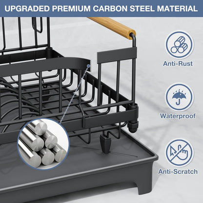 Dish Drying Rack with Drainboard, Rustproof Dish Rack for Kitchen Counter, Large-Capacity Dish Drainer with Cutlery Holder, Sturdy Kitchen Organizer for Dishes, Spoons and Forks
