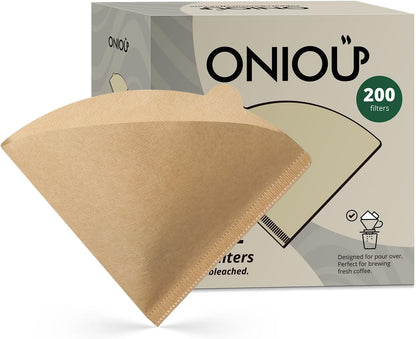 V60 Coffee Filters 02, ONIOU Unbleached Size 02 Cone Coffee Filters, 200 Count Natural Brown Pour Over Paper Filters for Hario V60 & Others 1–4 Cup Coffee Dripper
