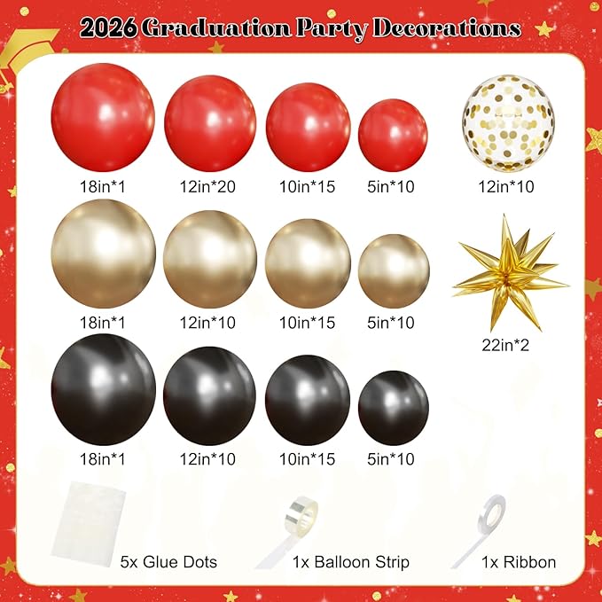 Black Red Gold Balloon Arch Kit, 2026 Graduation Decorations, 130Pcs Black Red Gold Balloons with Foil Star Balloons Confetti Balloons for College High School Graduation Decorations Class of 2026