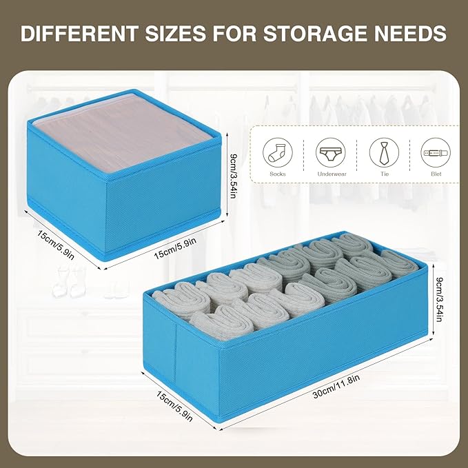 DIMJ Drawer Organizers - Set of 4 Fabric Closet Organizers and Storage, Drawer Dividers for Baby Clothes, Socks, Belt, Tie (Blue)