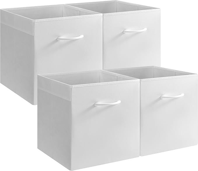 StorageWorks White Storage Cubes, 13-inch Leather Bins with Handle, Cube Organizer Baskets for Shelves and Closet, Collapsible Storage Bins, 4-Pack