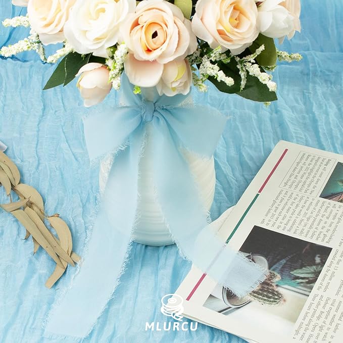 Baby Blue Chiffon Silk Ribbon - 1-1/2 Inch x 21 Yards, Frayed, Light Blue, Boho Style for Gift Wrapping, Wedding Invitation, Bridal Flower Bouquets