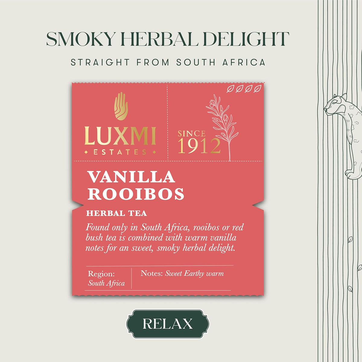 Luxmi Estates Rooibos Vanilla Organic Rooibos Tea (50 Tea Bags) Caffeine Free Tea Bags For Relaxing, Calming, and Stress Relief, With Certified Organic Herbal Tea