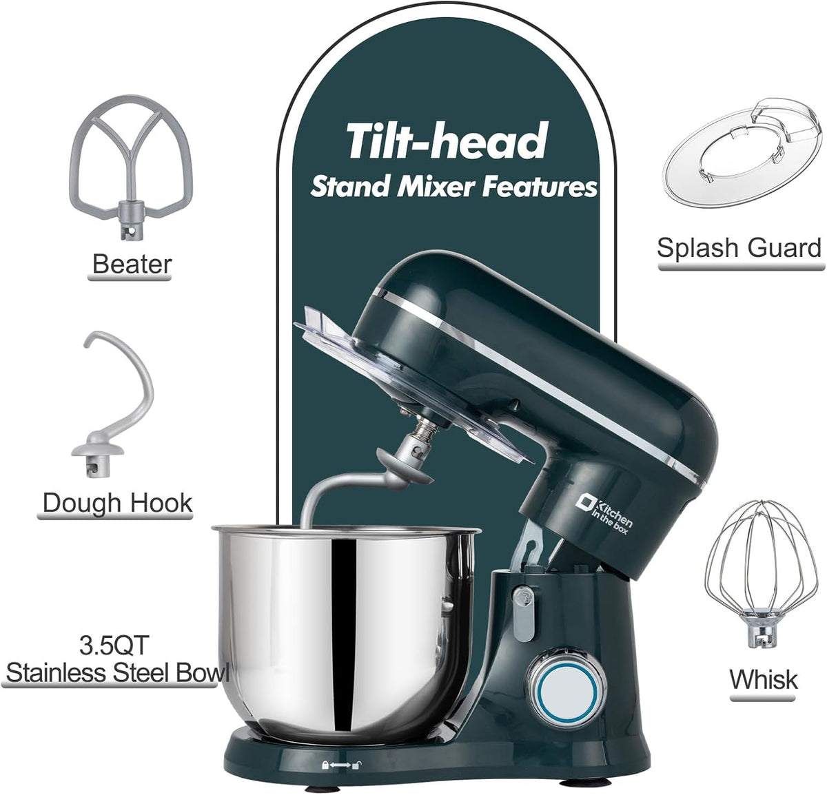 Kitchen in the Box Stand Mixer, 3.5 QT Small Electric Kitchen Mixer, 10-Speed Portable Lightweight Food Mixer with Stainless Steel Bowl, Egg Whisk, Dough Hook, Beater (Dark Green)