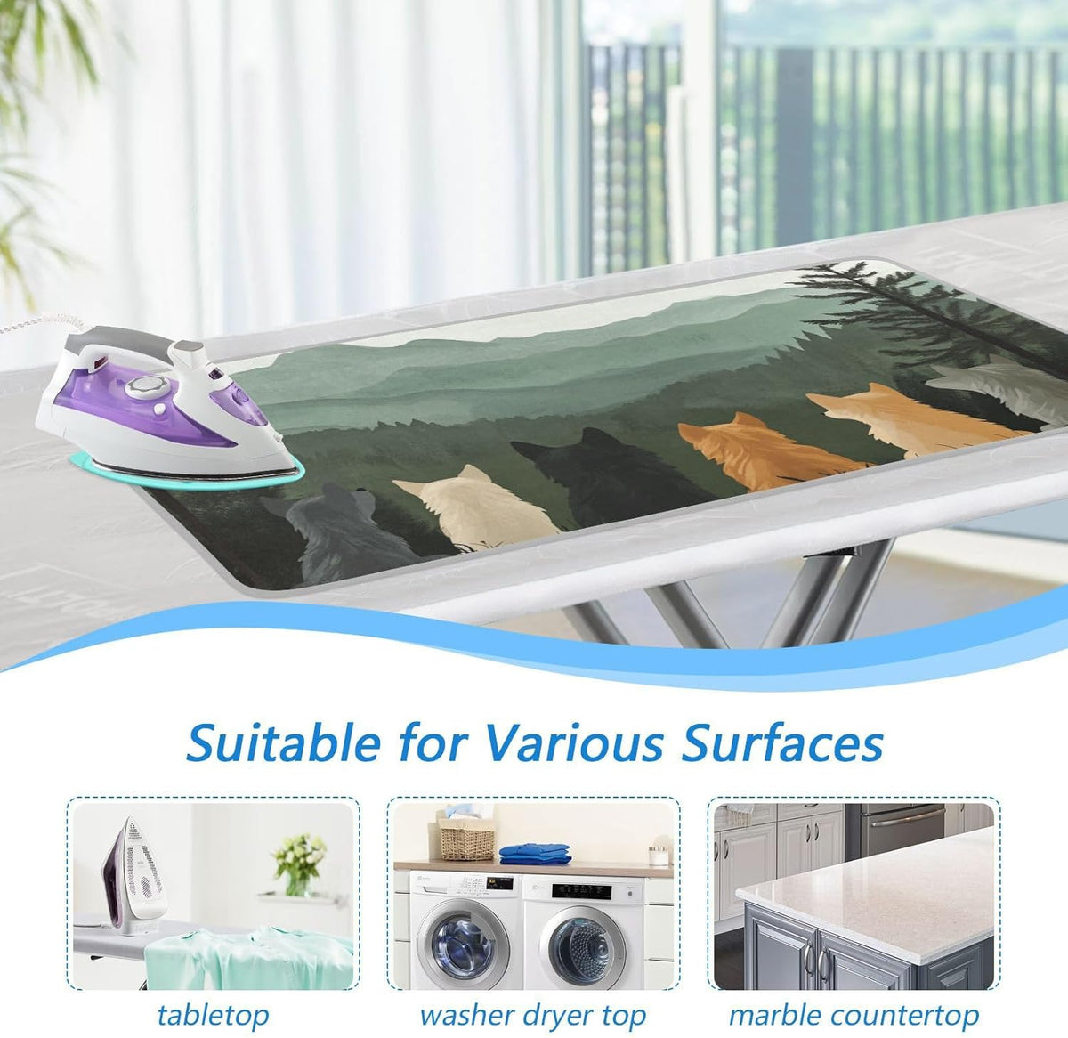 Ironing Mat Portable Ironing Pad Ironing Blanket for Table Top Heat Resistance Double-Side Using Travel Large 47.2 x 27.6 Inch Foldable Lightweight Cute Wolves Back and Green Mountain