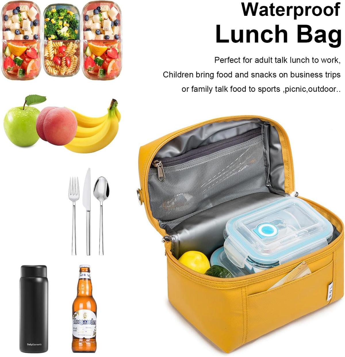NOL Natural Organic Lifestyle Reusable Insulated Lunch Bags for Adults Lightweight Nylon Waterproof Lunch Box with Removable Adjustable Strap Insulated Lunch Bag for Work (Small Earth-yellow)
