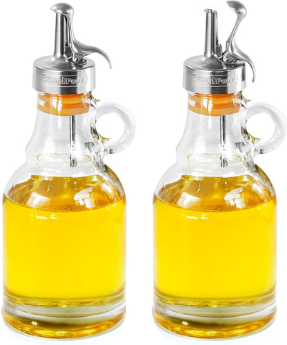 Olive Oil Dispenser Bottle,Glass Oil Dispenser with Stainless Steel Spouts,Oil Bottles for Kitchen, Dispenser Bottle with Drip Free Spouts (2pcs) 12 oz