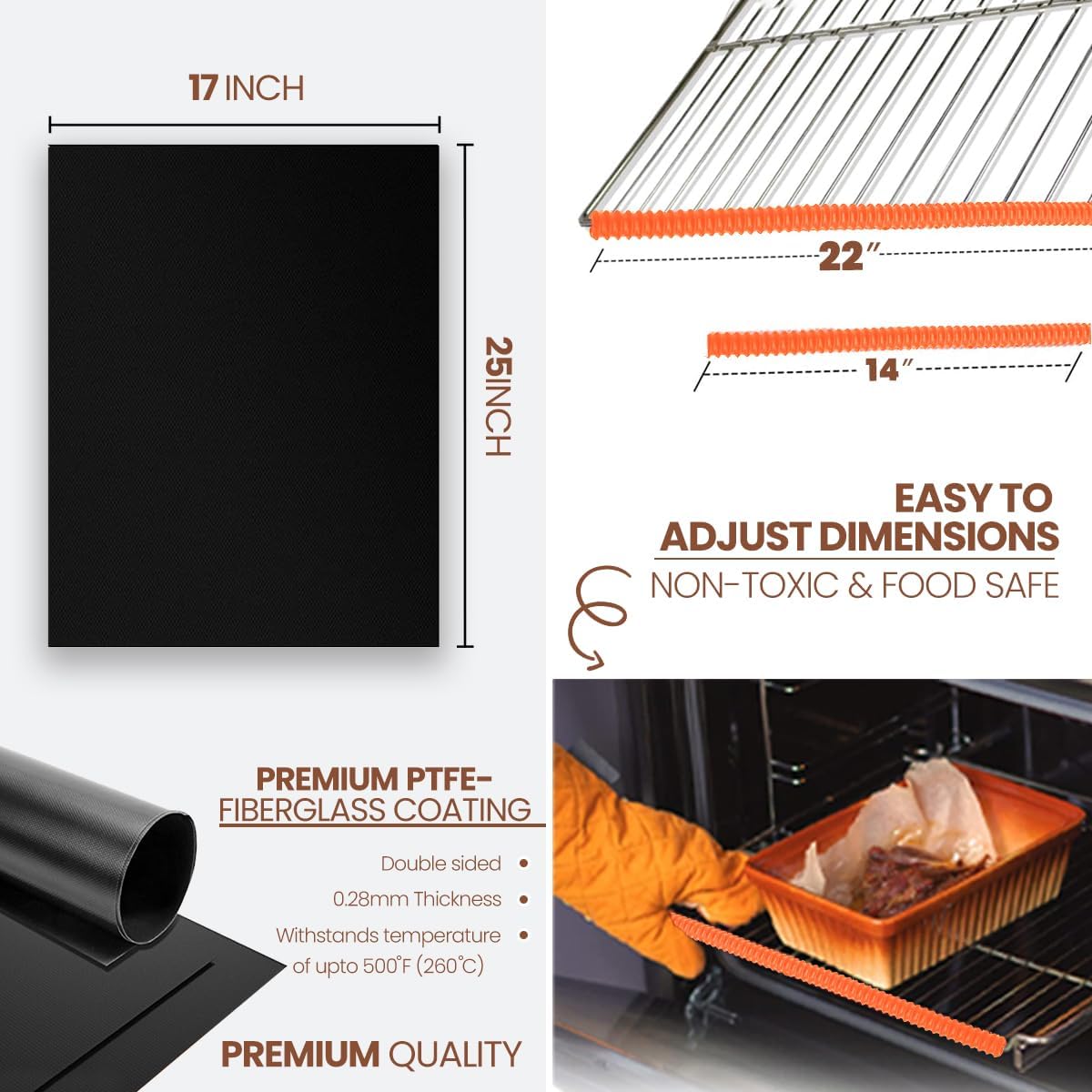 Oven Liners for Bottom of Oven 17"x 25" and Silicone Rack Guards Orange 22"