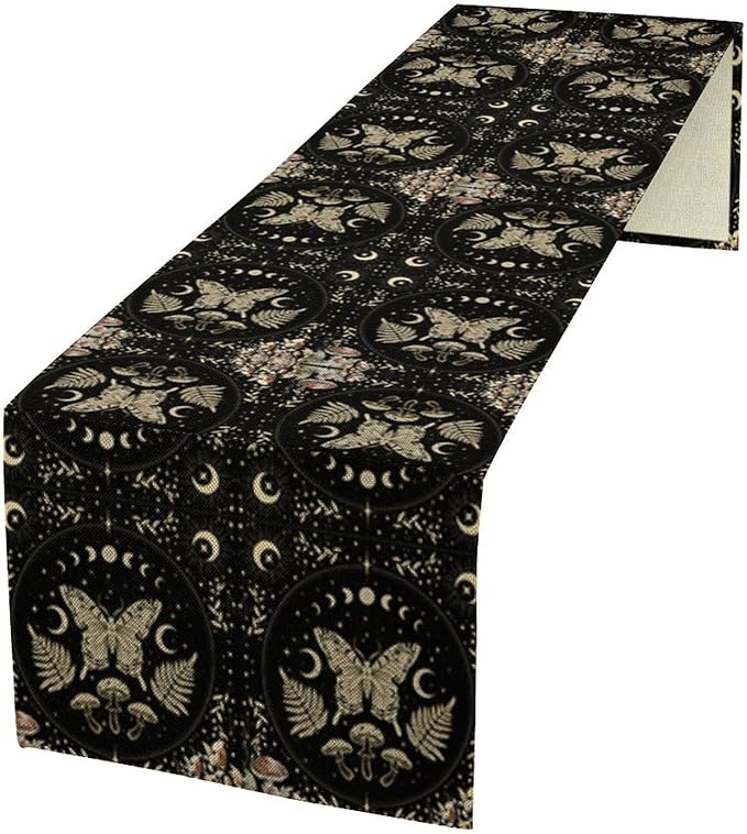 Mushroom Moth Table Runner,Vintage Boho Moon Autumn Seasonal Table Runner for Kitchen Dining Table Holiday Party Home Decor 13x70in