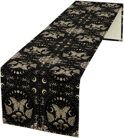 Mushroom Moth Table Runner,Vintage Boho Moon Autumn Seasonal Table Runner for Kitchen Dining Table Holiday Party Home Decor 13x70in