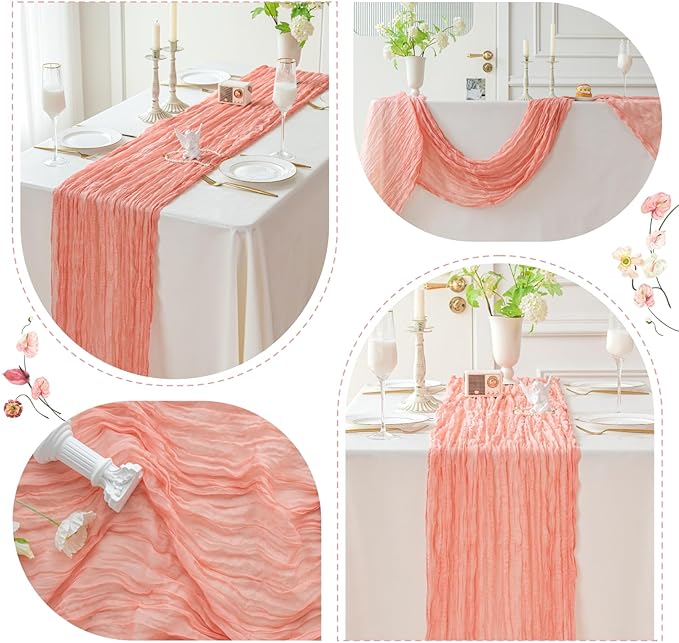 Sioloc Peach Coral Cheesecloth Table Runner 120'' x 35'',Spring Easter Decor Soft Gauze Boho Wedding Table Decor for 10ft Table Birthday Party,Baby Shower, Bridal Shower, Home & Event Decor